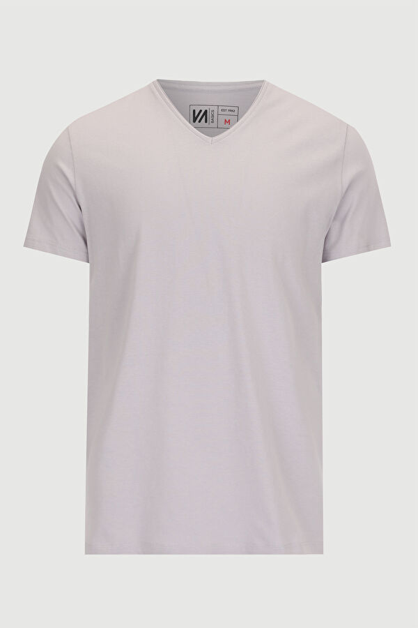 Lila V Yaka Düz T-Shirt 4