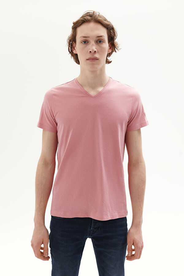 Pembe V Yaka Düz T-Shirt