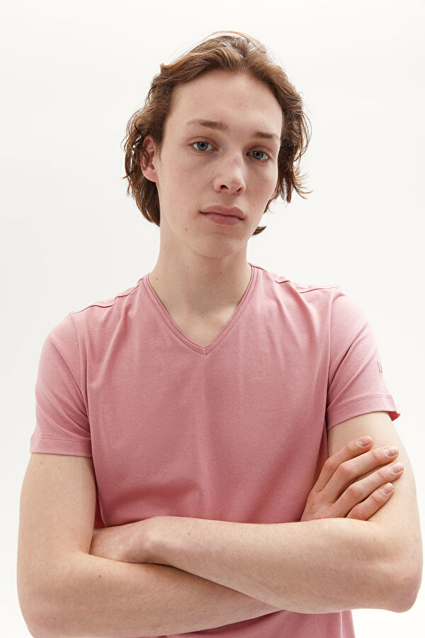 Pembe V Yaka Düz T-Shirt 4