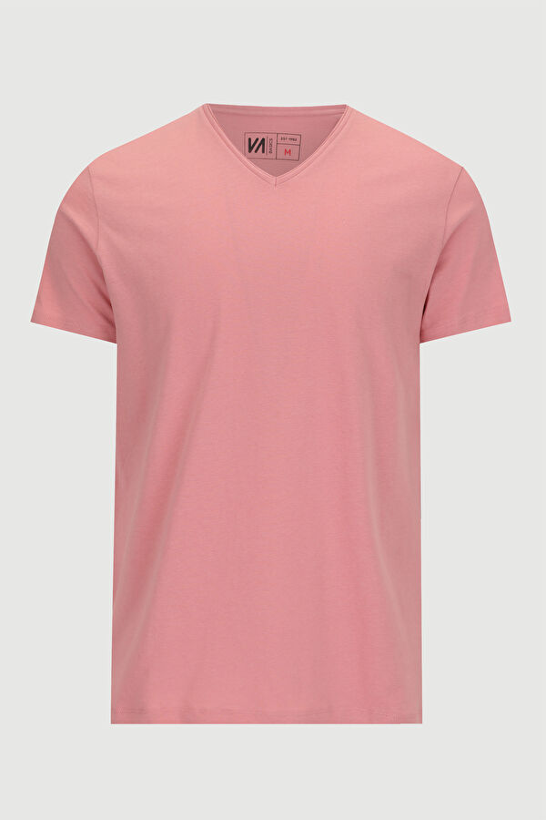 Pembe V Yaka Düz T-Shirt 5
