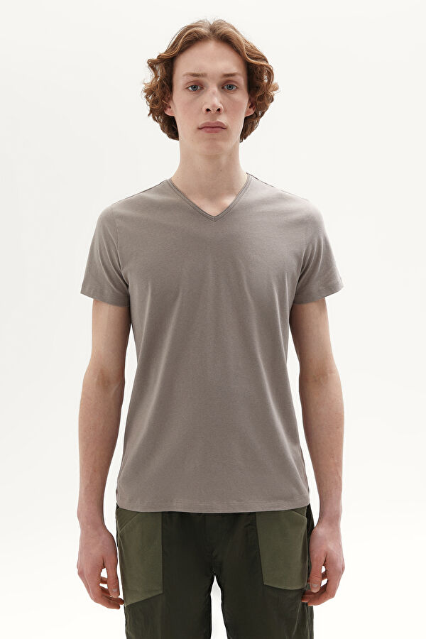 Gri V Yaka Düz T-Shirt