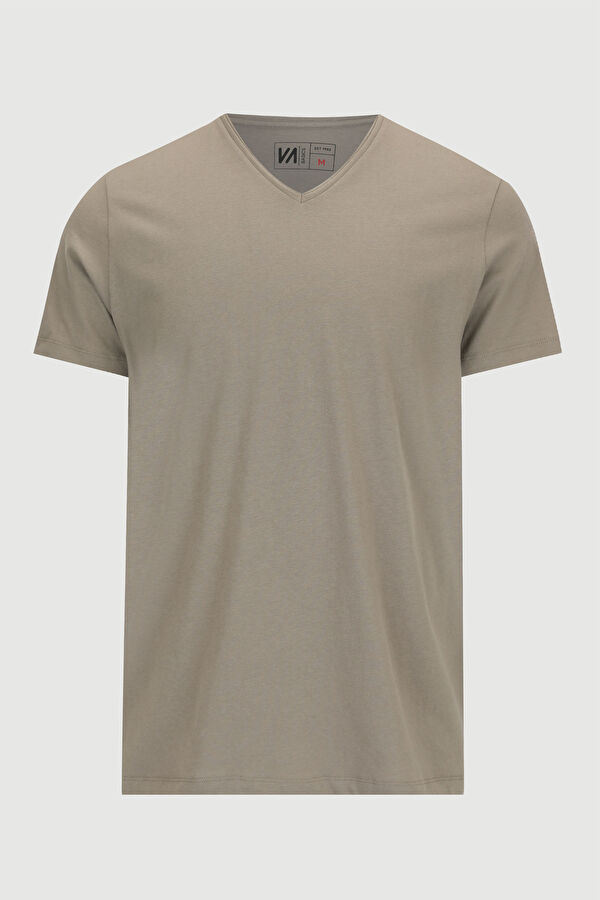 Gri V Yaka Düz T-Shirt 5