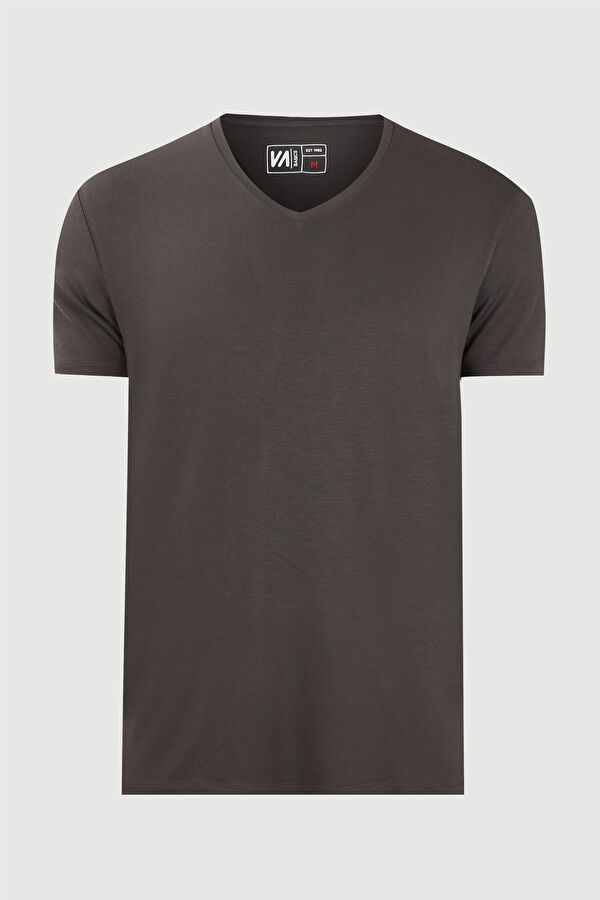 Antrasit V Yaka Düz T-Shirt
