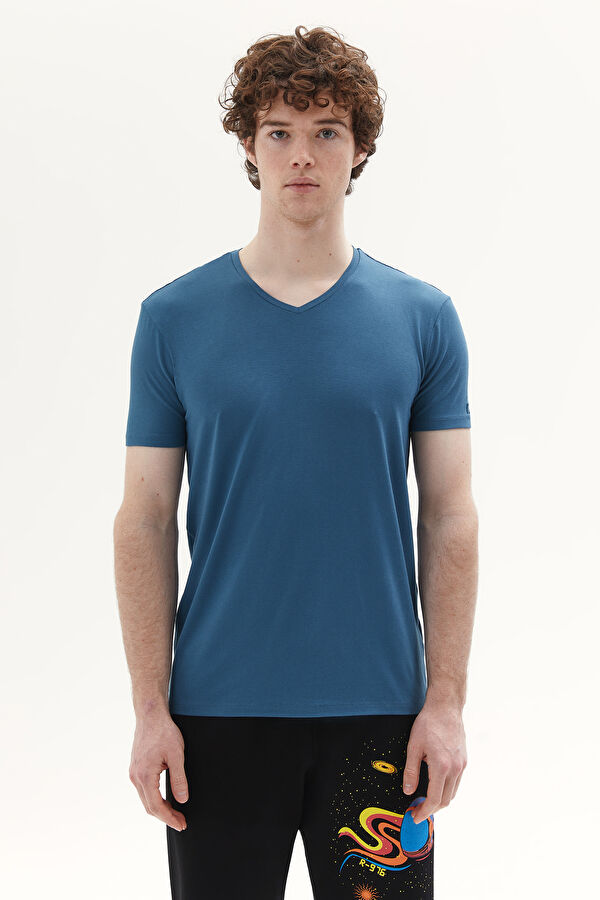 Koyu Yeşil V Yaka Düz T-Shirt