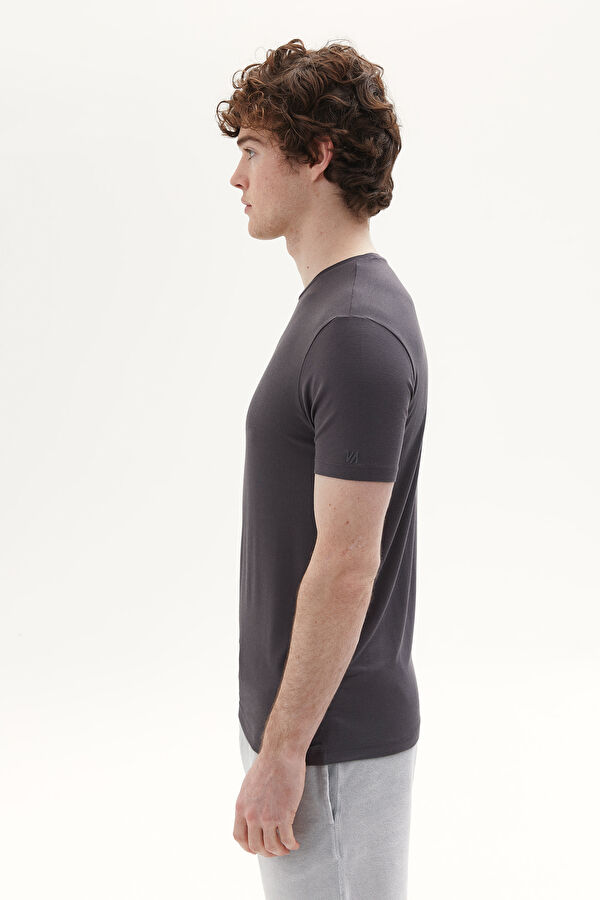 Antrasit Bisiklet Yaka Düz T-Shirt 2
