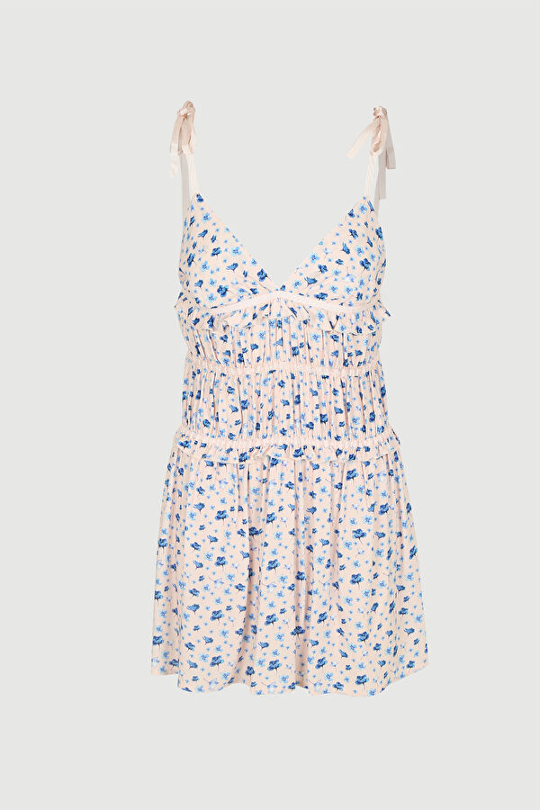 Lila Desenli Mini Elbise