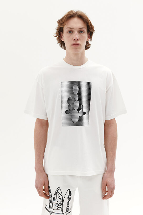 Ekru Bisiklet Yaka Baskılı T-Shirt
