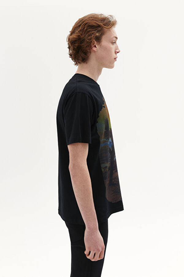 Siyah Bisiklet Yaka Baskılı T-Shirt 2