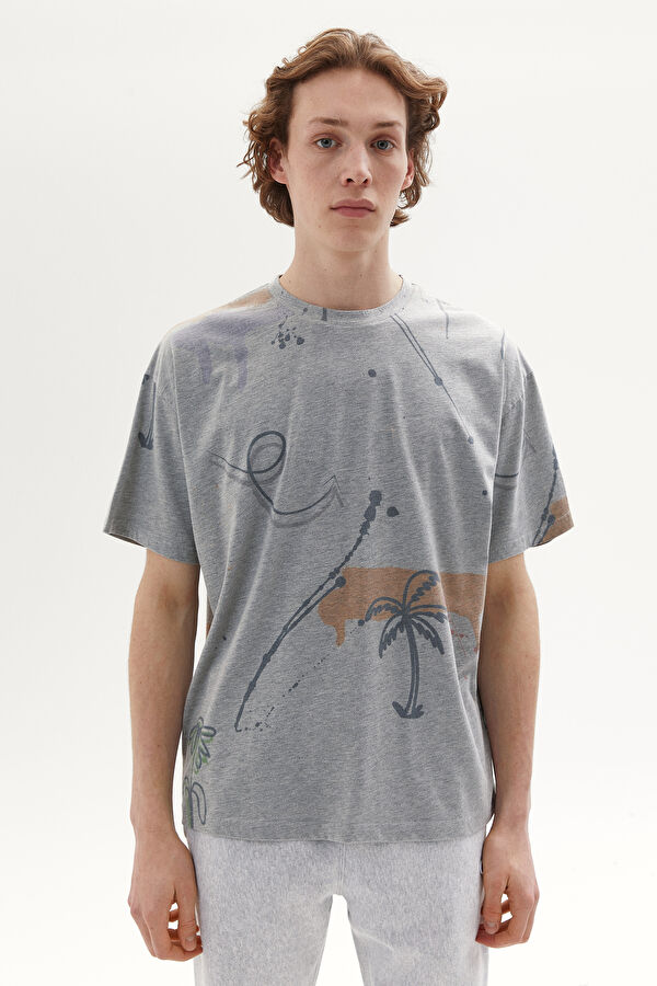Gri Melanj Bisiklet Yaka Baskılı T-Shirt