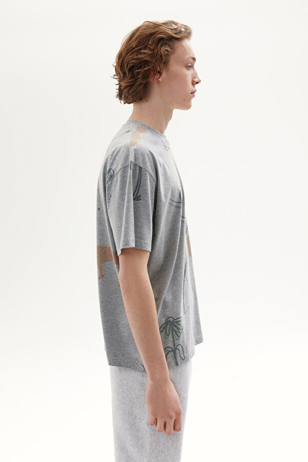 Gri Melanj Bisiklet Yaka Baskılı T-Shirt 2