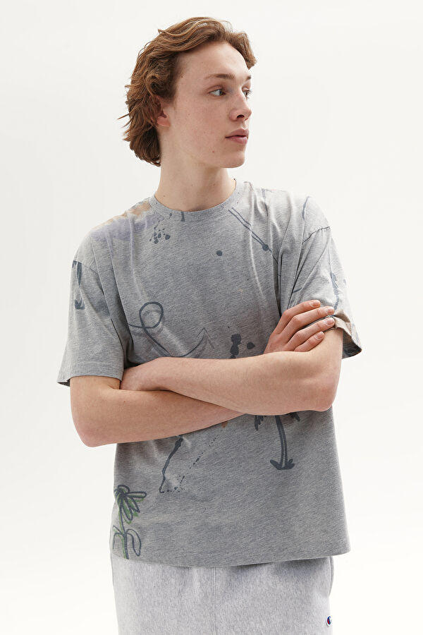 Gri Melanj Bisiklet Yaka Baskılı T-Shirt 4