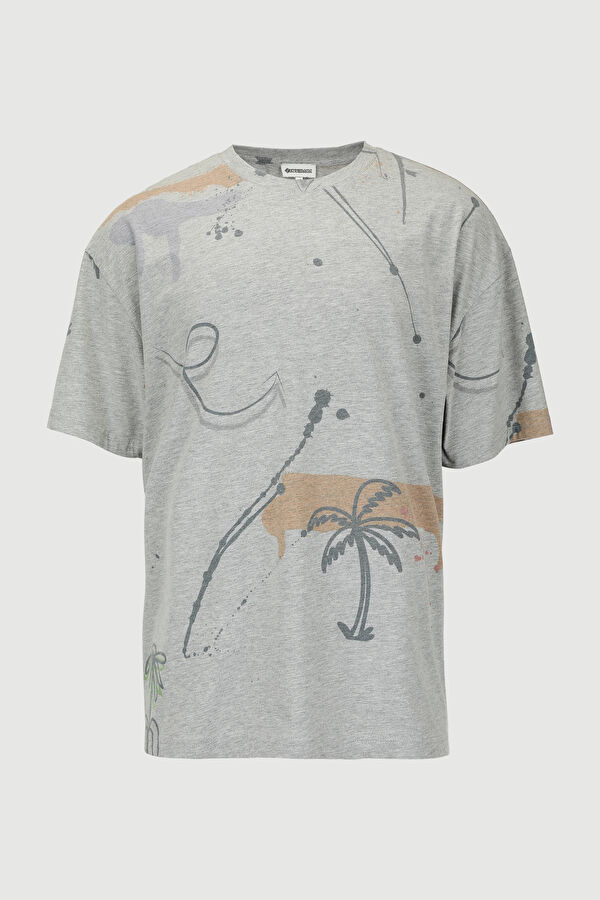 Gri Melanj Bisiklet Yaka Baskılı T-Shirt 5