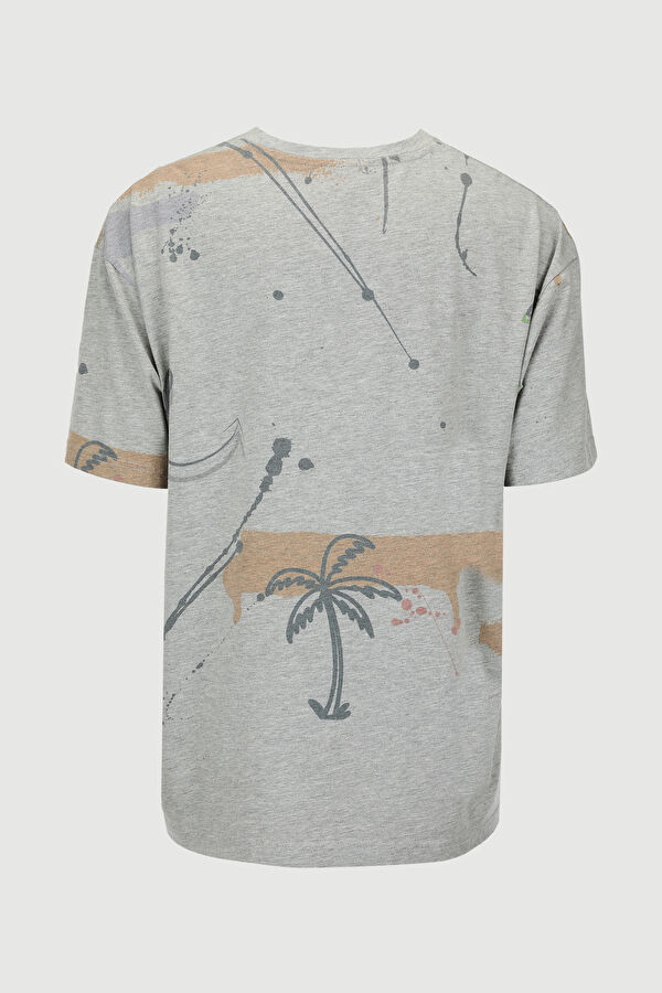 Gri Melanj Bisiklet Yaka Baskılı T-Shirt 6