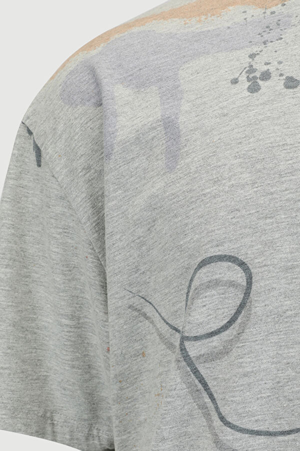 Gri Melanj Bisiklet Yaka Baskılı T-Shirt 7