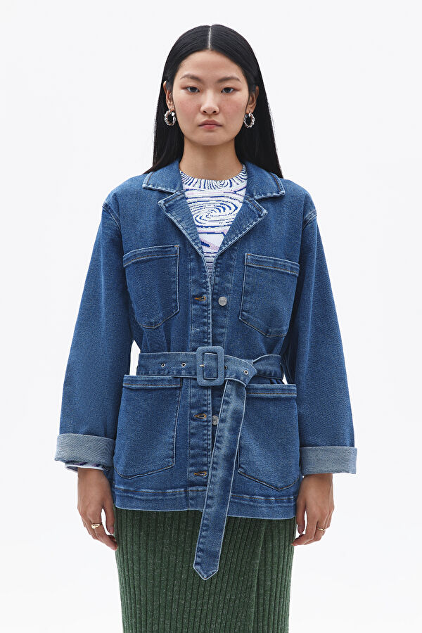 Kruvaze Yaka Kuşaklı Denim Ceket