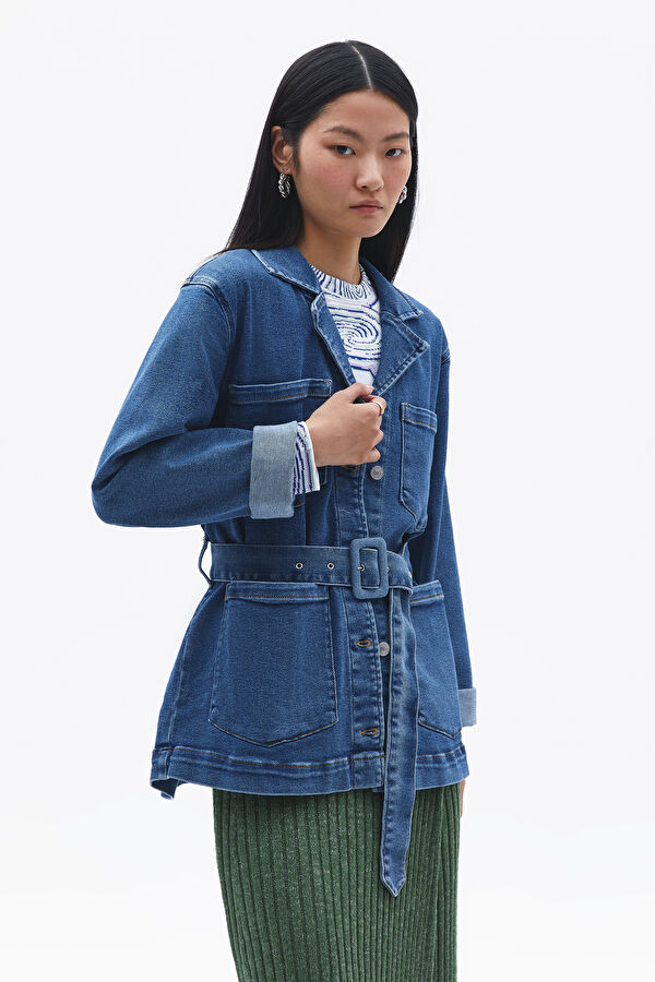 Kruvaze Yaka Kuşaklı Denim Ceket 2