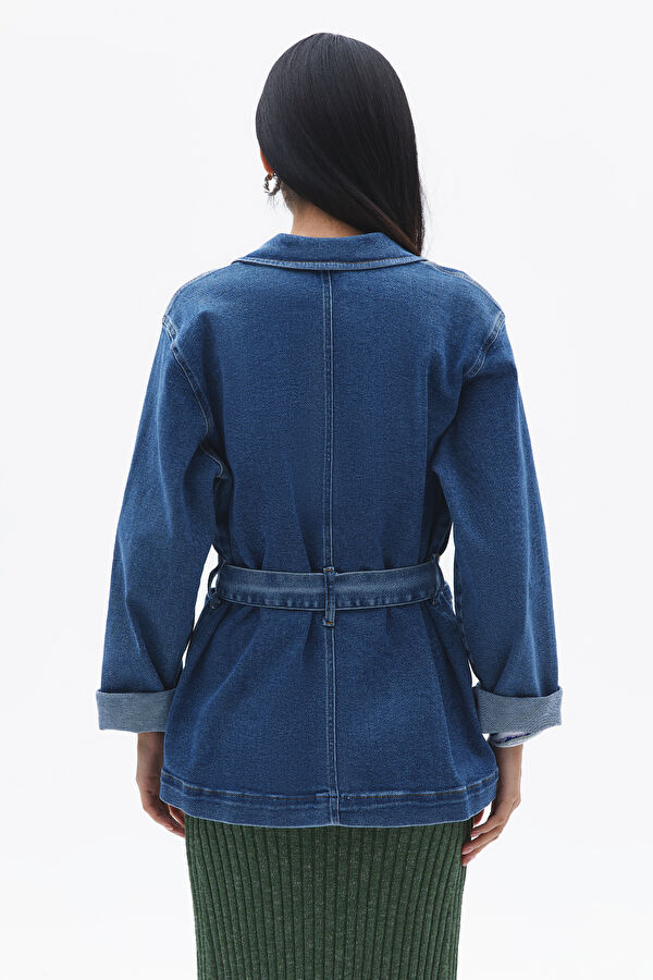 Kruvaze Yaka Kuşaklı Denim Ceket 3