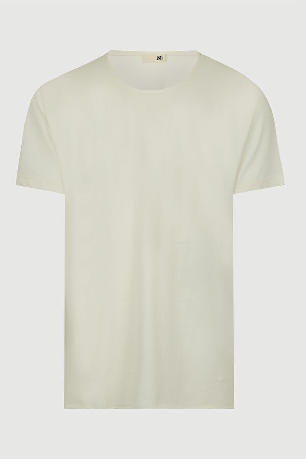 Ekru Bisiklet Yaka Düz T-Shirt