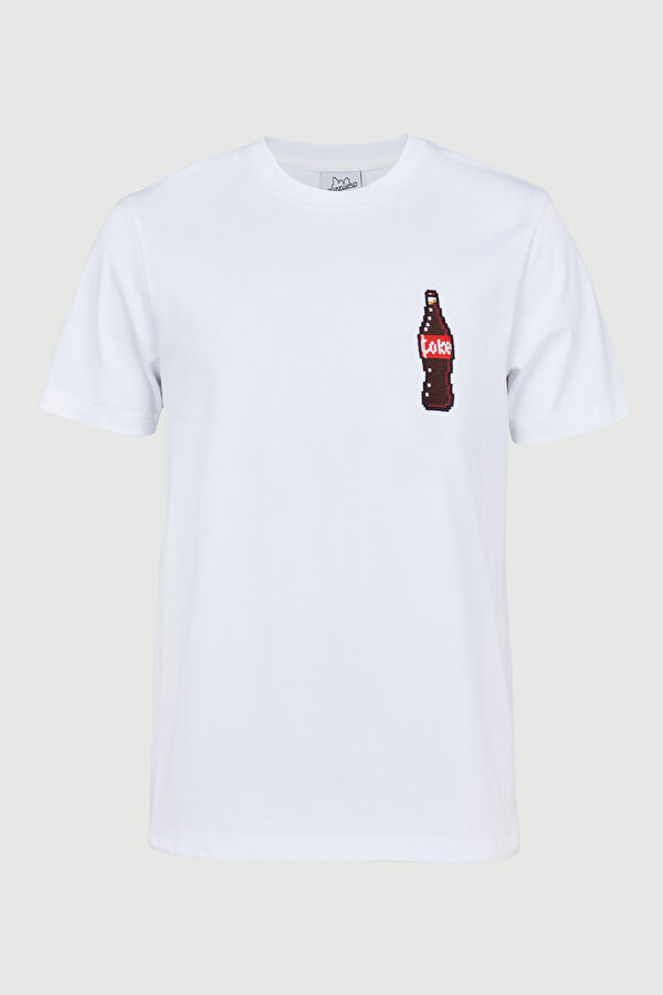 Relax Kalıp Beyaz Bisiklet Yaka Baskılı T-Shirt