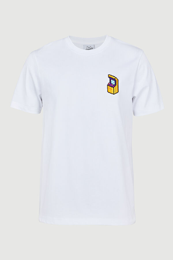 Relax Kalıp Beyaz Bisiklet Yaka Baskılı T-Shirt