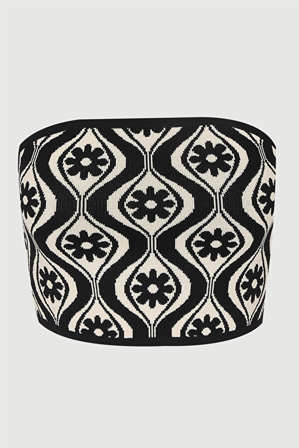 Krem Çiçek Desenli Straplez Crop Bluz