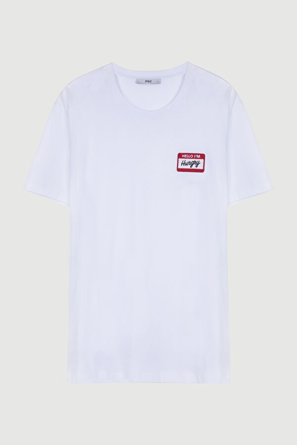 Beyaz Bisiklet Yaka Desenli T-Shirt 4