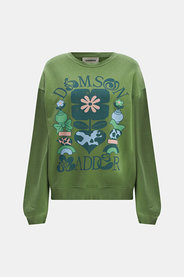 Yeşil Relax Kalıp Bisiklet Yaka Sweatshirt
