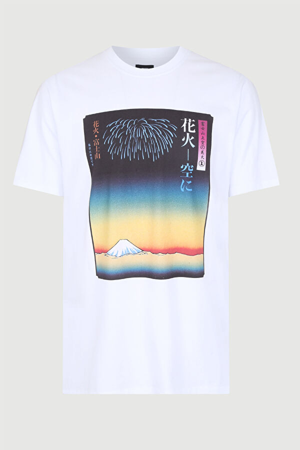 Relax Kalıp Beyaz Bisiklet Yaka Baskılı T-Shirt 4