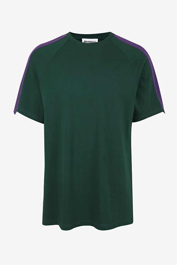 Relax Kalıp Yeşil Bisiklet Yaka Garni Detaylı T-Shirt 5