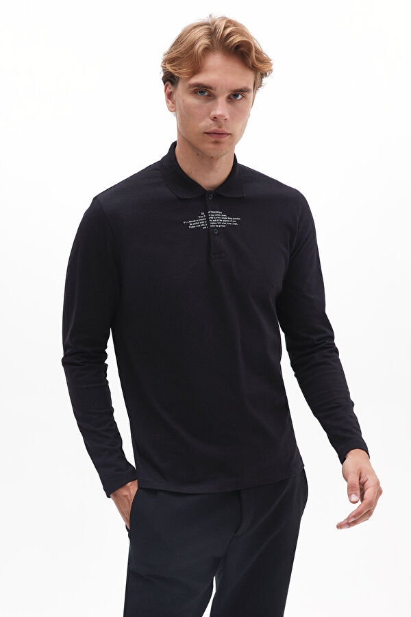 Siyah Polo Yaka Baskılı T-Shirt