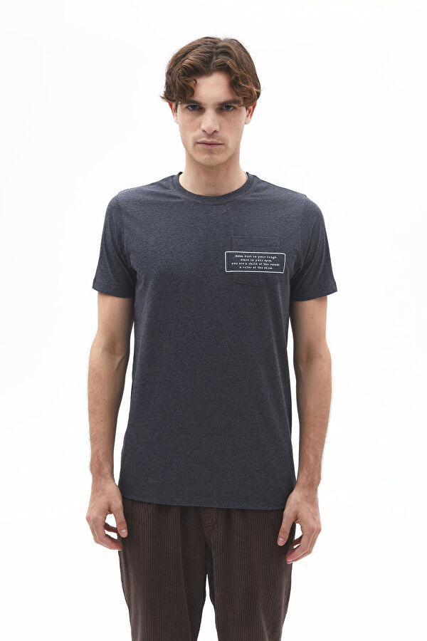 Antrasit Bisiklet Yaka Baskılı T-Shirt