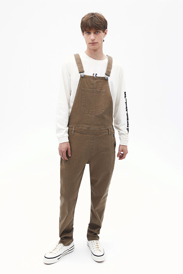 Camel Düğmeli Denim Salopet