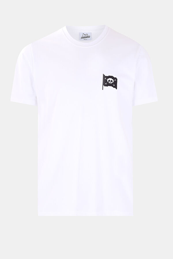 Beyaz Bisiklet Yaka Baskılı T-Shirt