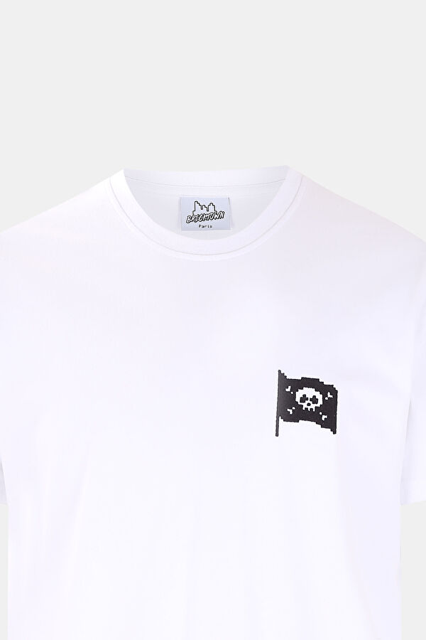 Beyaz Bisiklet Yaka Baskılı T-Shirt 3