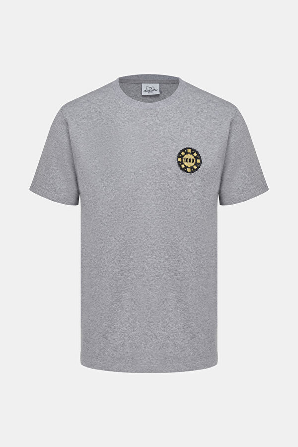 Gri Bisiklet Yaka Baskılı T-Shirt