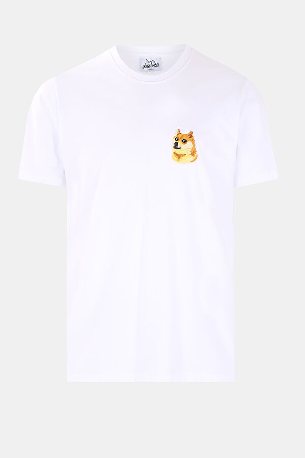 Beyaz Bisiklet Yaka Baskılı T-Shirt