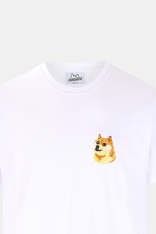 Beyaz Bisiklet Yaka Baskılı T-Shirt 3