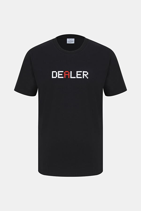 Siyah Bisiklet Yaka Baskılı T-Shirt