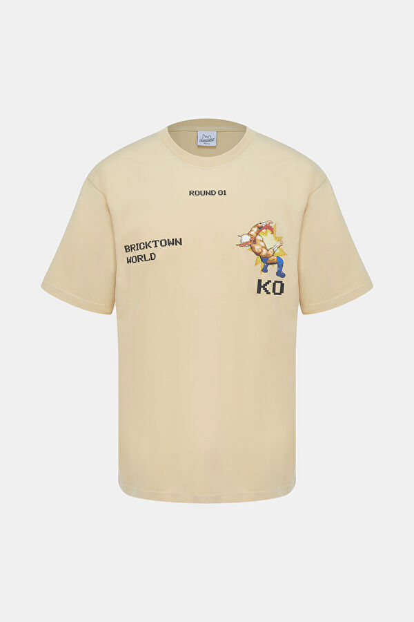 Bej Bisiklet Yaka Baskılı T-Shirt