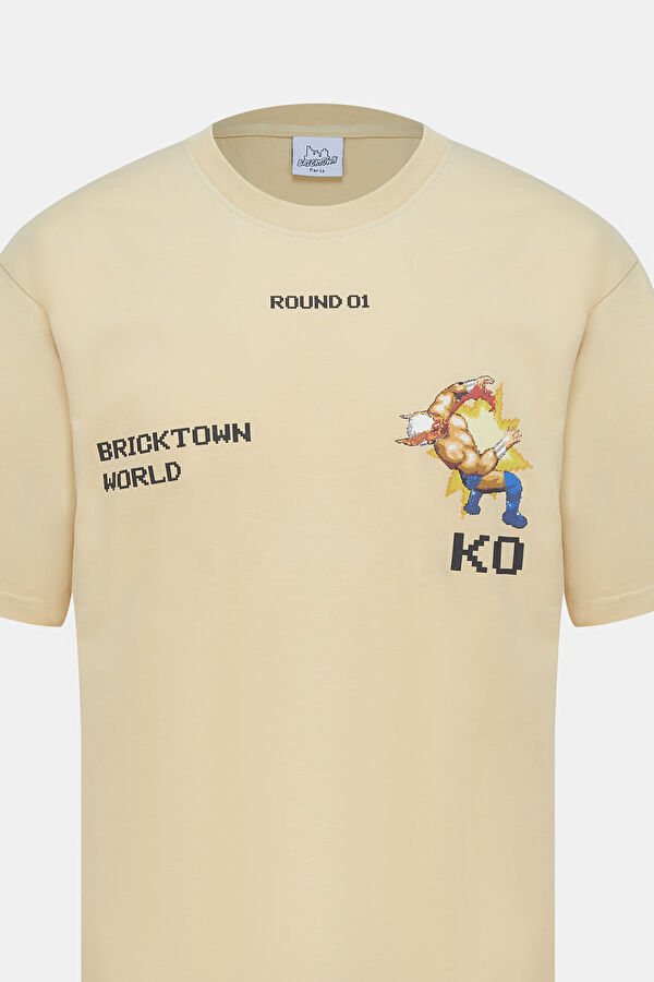 Bej Bisiklet Yaka Baskılı T-Shirt 3