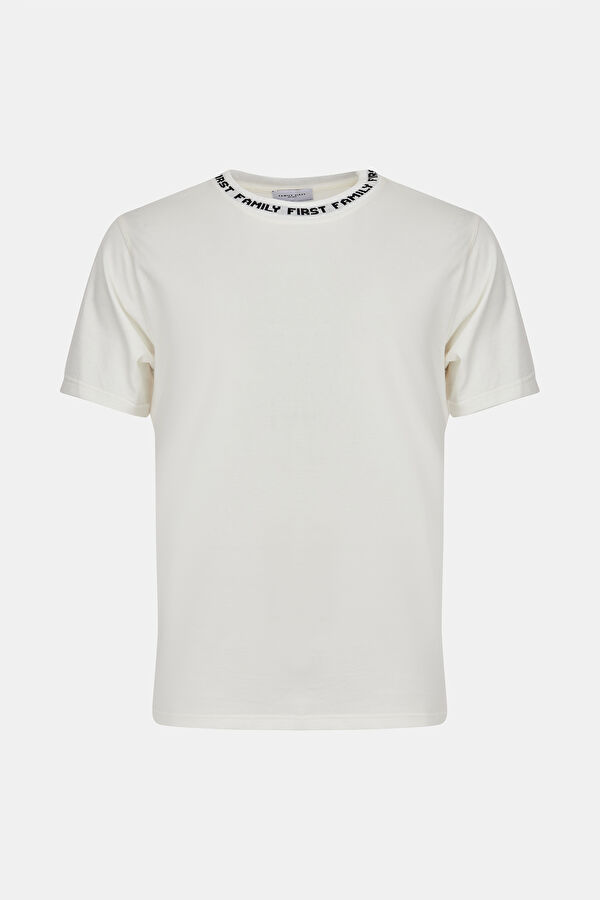 Beyaz Bisiklet Yaka Baskılı T-Shirt 4