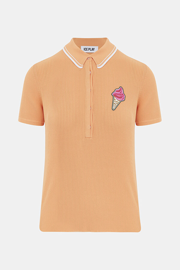Dar Kalıp Somon Polo Yaka Baskılı T-Shirt