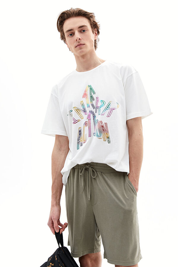 Ekru Bisiklet Yaka Baskılı T-Shirt 2