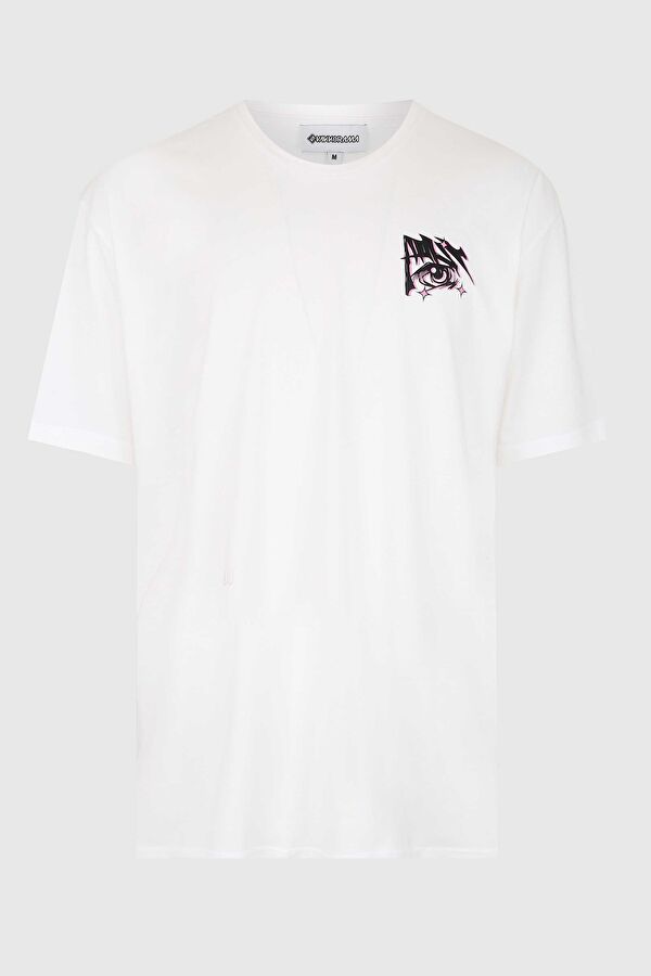 Relax Kalıp Ekru Bisiklet Yaka Baskılı T-Shirt
