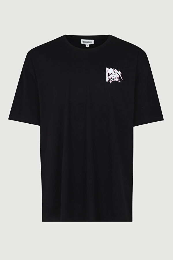 Relax Kalıp Siyah Bisiklet Yaka Baskılı T-Shirt