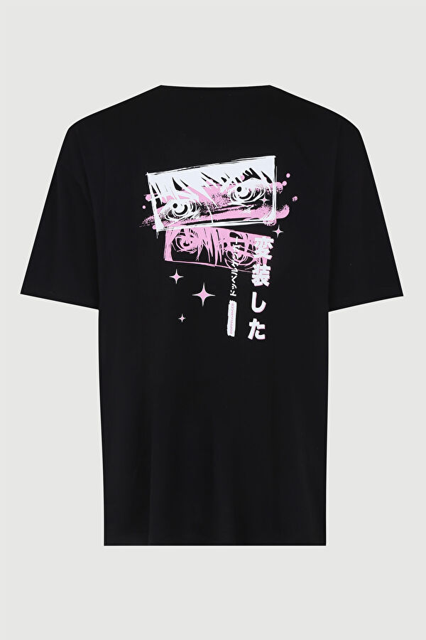 Relax Kalıp Siyah Bisiklet Yaka Baskılı T-Shirt 2