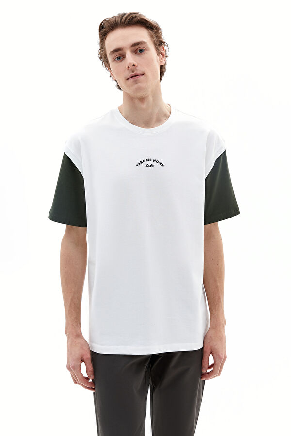 Relax Kalıp Ekru Bisiklet Yaka Baskılı T-Shirt