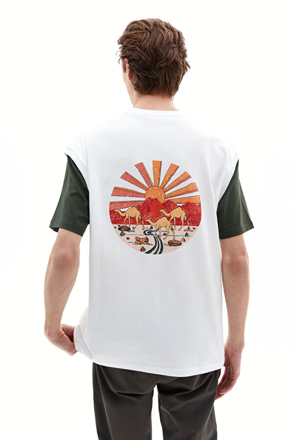Relax Kalıp Ekru Bisiklet Yaka Baskılı T-Shirt 3
