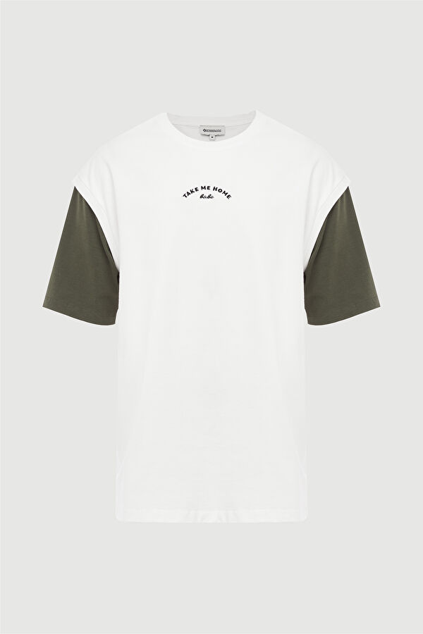 Relax Kalıp Ekru Bisiklet Yaka Baskılı T-Shirt 4