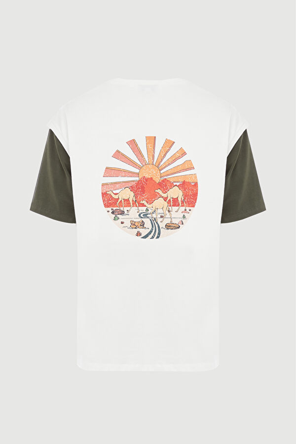 Relax Kalıp Ekru Bisiklet Yaka Baskılı T-Shirt 5